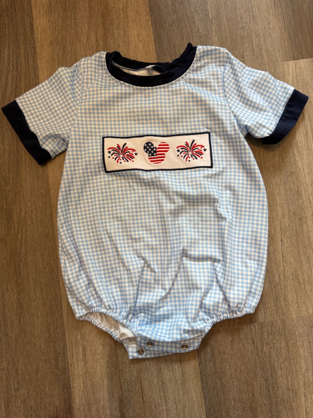 Light Blue Gingham Baby One-Piece with Navy Trim and Patriotic Applique